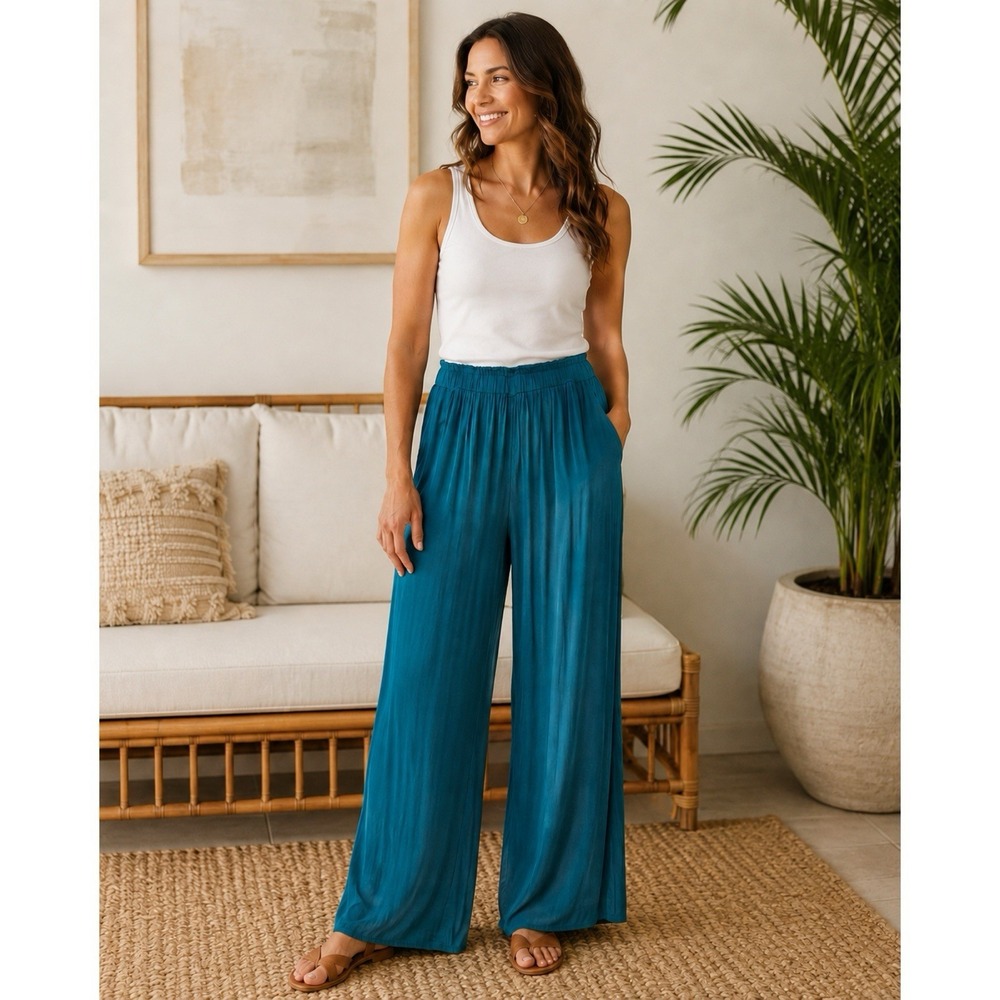 Summersalt Teal Wide Leg Pull-On Pants XL Flowy Elastic Waist Pockets Resort
